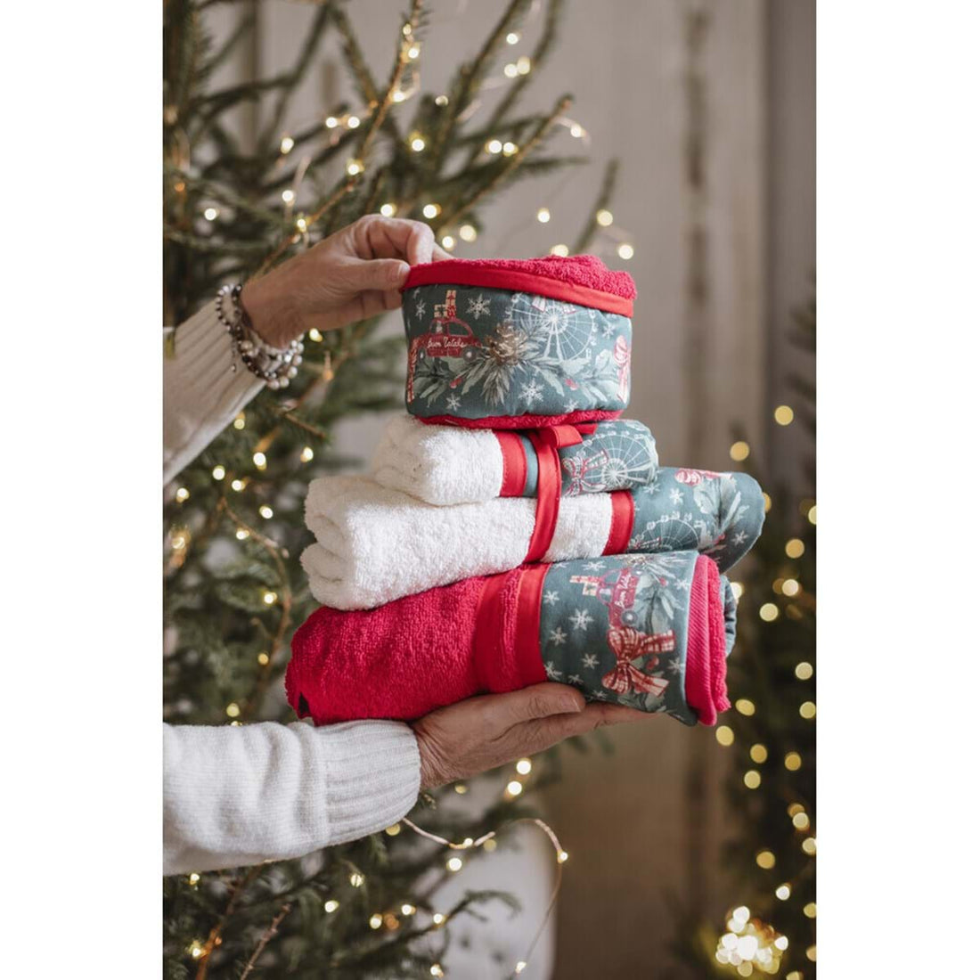 Cestino con 3 Lavette da Bagno BLANC MARICLÒ - Un Natale Italiano Fiocco