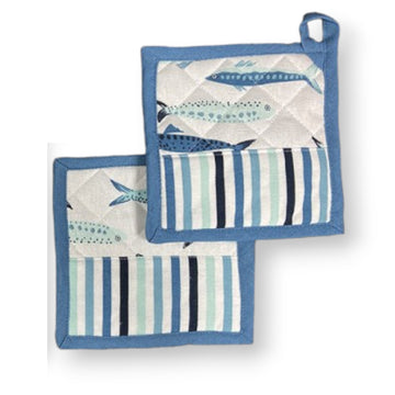 Pair of Pot Holders with Border - Blue Lagoon