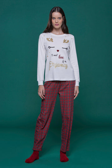 Women's warm cotton knitted pajamas and flannel trousers NOI DI NIGHT - Reindeer